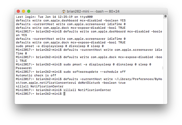 OSX Terminal Window, called up by Qlab