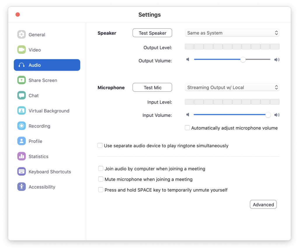 Zoom audio settings