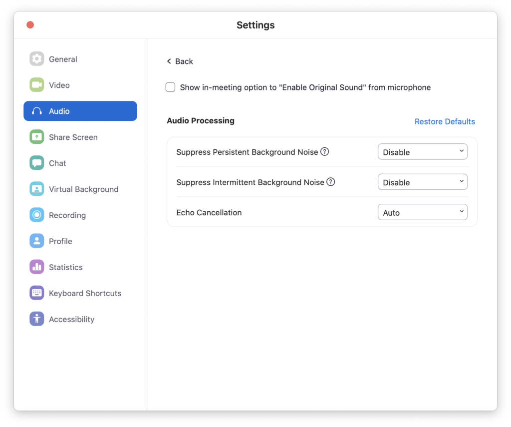 Zoom audio settings