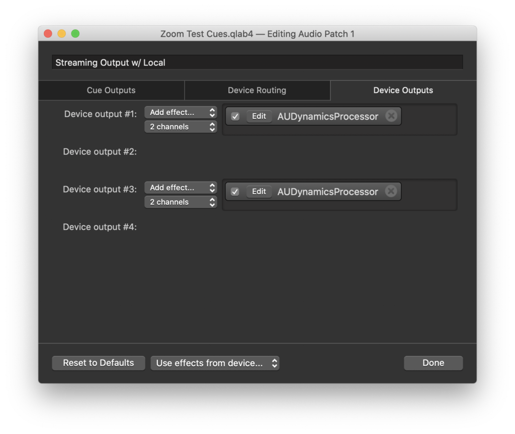 Qlab Device Output settings